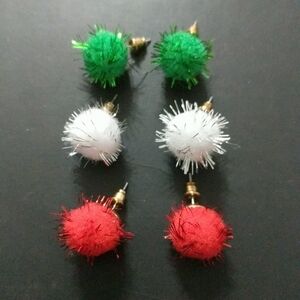 Red Green and White Tinsel Puff Balls Christmas Holiday Earring - Set of 3